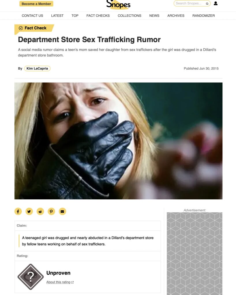 Urban legends
Wandering stories
White slave trade
Sex trafficking rumour